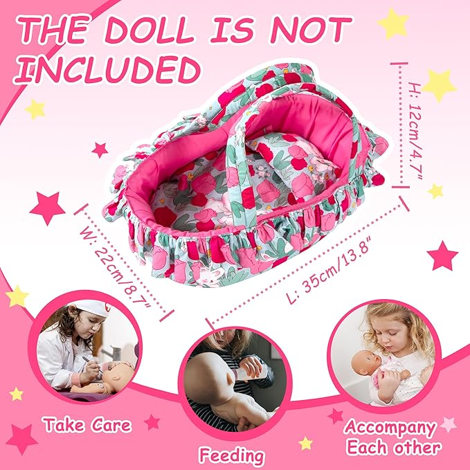 Doll Carry Cot Set, Soft 3PC Set Includes Cot, Mattress and Pillow, Rose Rabbit Doll Bassinet, Fits for 10-12 Inch American Girl Dolls