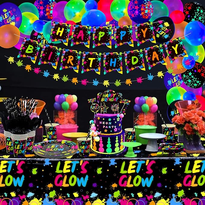 225 Pieces Glow Neon Party Supplies - Balloon, in the Dark Birthday Banner, Garlands, Cake Topper, Tablecloth, Plates, Napkins and Cup for Blacklight Decorations, Serves 20 Guest