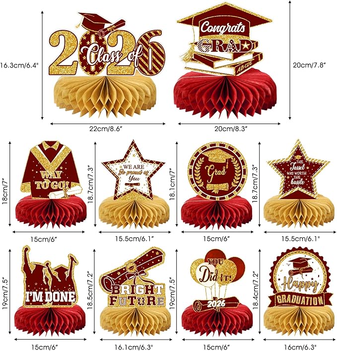 10PCS Graduation Party Decorations Class of 2026 Congrats Grad Table Centerpieces Congratulate Graduation Honeycomb Table Toppers for Graduation Party Supplies(Maroon Gold)