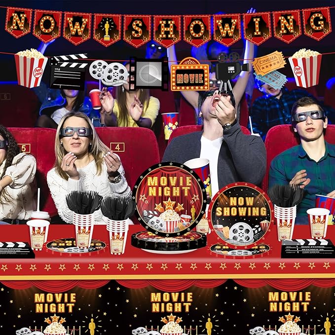 170pcs Movie Night Party Supplies Now Showing Paper Plates Napkins Disposable Tablecloth Banner Cups Theater Hollywood Clapboard Napkins Red Carpet Birthday Party Decorations 24 Guests
