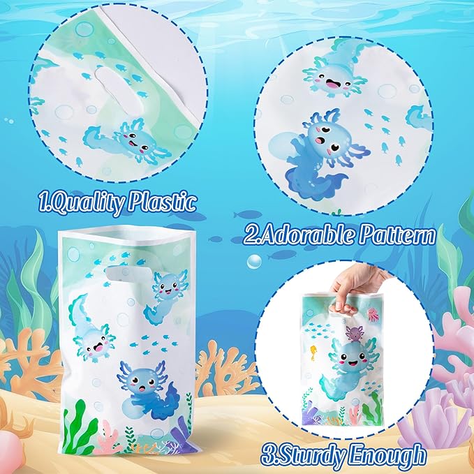 3sscha 50Pcs Blue Axolotl Party Favor Bags - Amphibian Themed Waterproof Goodie Bag with Die Cut Handles Reptile Animals Water Plants Plastic Gift Pack for Kids Birthday Baby Shower Decors Supplies