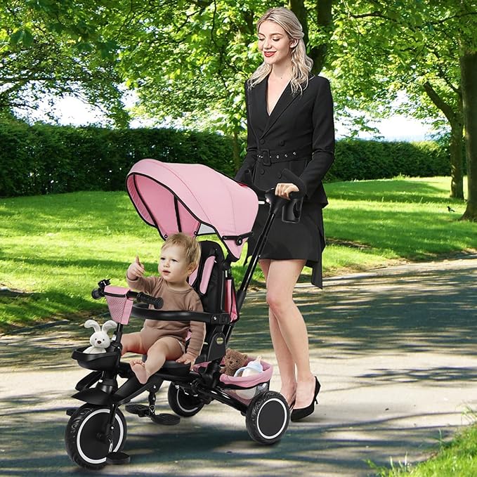 Folding Kids Tricycle, 8 in 1 Toddler Trike W/Removable & Adjustable Canopy, Parent Handle, 5-Piont Harness, Toddler Bike Tricycle for Kids 1-6 Years, EVA Wheels, Storage Basket, Pink