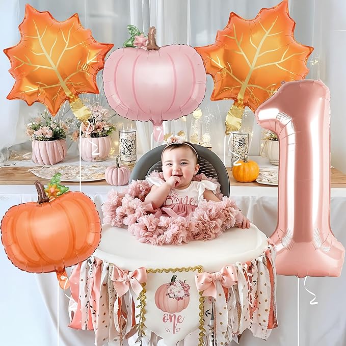 6pcs Little Pumpkin Is Turning One Decorations First Birthday Decorations for Girl with 40" Rose Gold One Balloon, Dusty Pink & Orange Pumpkin Foil Helium Balloons for Fall Birthday
