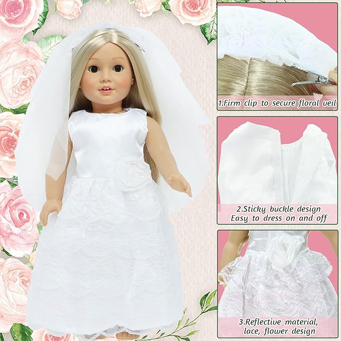 18 Inch Doll Clothes Accessories Wedding Set, Bride Wedding Dress and Groom Suit Outfit, Veil, Bow Tie for American 18 Inch Doll Girl Boy Ball Party