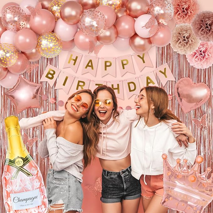 Ouddy Life Rose Gold Birthday Party Decorations for Women Girls, Happy Birthday Banner, Pink Foil Confetti Balloons, Fringe Curtain, Cake Topper, Pompoms, Princess Wedding Baby Shower Party Supplies