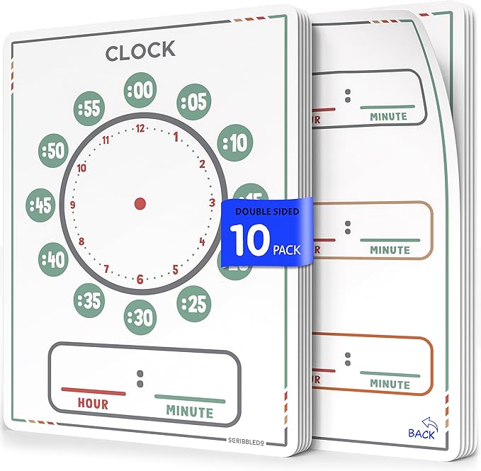 Scribbledo 10 Pack Telling Time Teaching Sheets - 9'x12' Dry Erase Learning Clocks for Kids Homeschooling Supplies