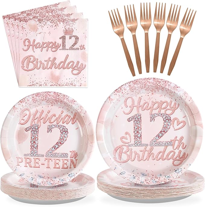 Grencian 12th Birthday Decorations Rose Gold 12th Birthday Plates and Napkins Disposable Rose Gold Official 12 Pre-Teen Paper Tableware Set for Girls 12 Year Old Party Supplies, Serves 24