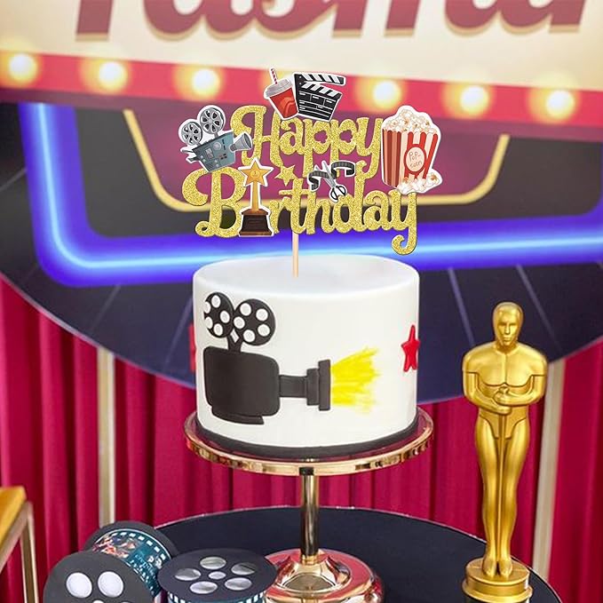 1 PCS Movie Happy Birthday Cake Topper Glitter Roll Camera Video Recorder Popcorn Movie Night Cake Pick for Hollywood Theme Film Festival Baby Shower Birthday Party Cake Decorations Supplies Gold