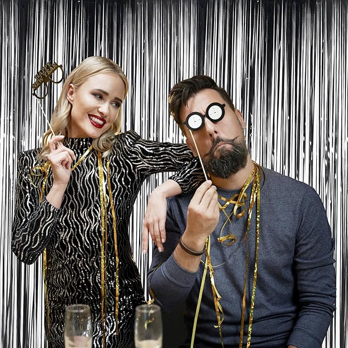 Black Tinsel Fringe Backdrop Curtains for Parties, Melsan 3.2 x 8 ft Black Streamer Photo Backdrop for Birthday, Graduations, New Year Eve Party Decor - Pack of 2