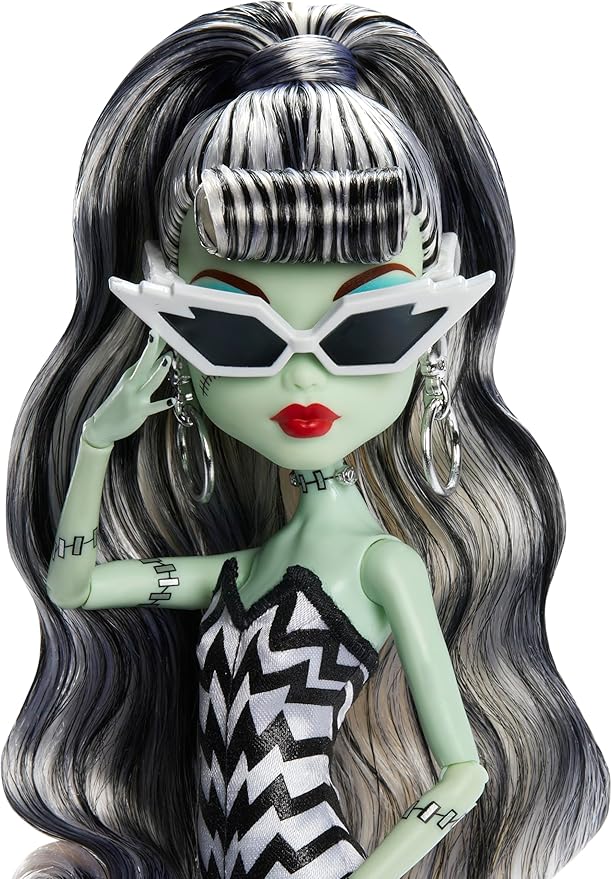 Monster High x Barbie Frankie Stein Doll with Original Barbie-Inspired Swimsuit and Solo in The Spotlight Black Evening Dress, Accessories