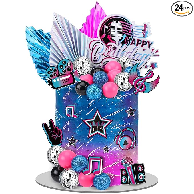 Sinmoe 24 Pcs Music Cake Topper Disco Ball Cake Topper Disco Party Supplies for Musician Rock Theme Birthday Party Musical Video Media cupcake decorations