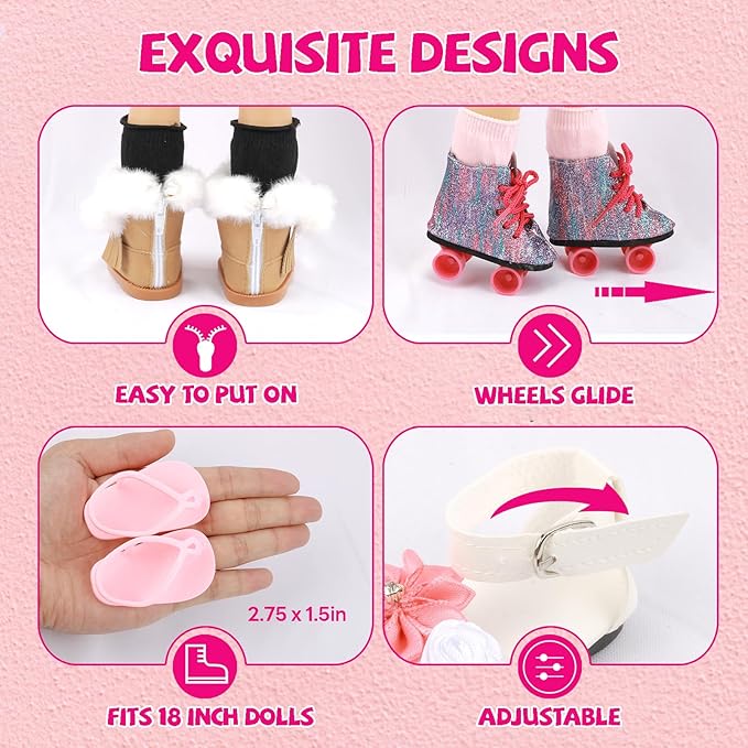 18 inch Doll Accessories, 5 Pairs of Doll Shoes+2 Socks 18” Doll Shoes Includes Snow Boots/Roller Skates/Sandals/Flip-Flops/Dance Shoes/Pink/Black Socks for American Doll Boy or Girl Dolls