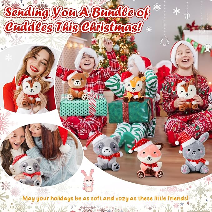6 Pcs 7 Inch Large Woodland Animals Bulk with Red Hat & Scarf Bear Rabbit Squirrel Deer Raccoon Fox Plush Toys for Woodland Baby Showers Party Decor Birthday Gifts Classroom Awards