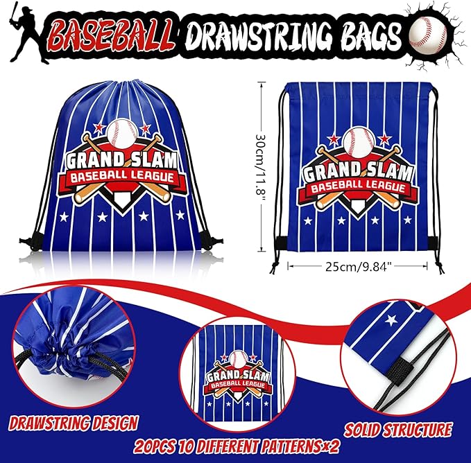 110 Pcs Baseball Party Favors, Drawstring Bags Baseball Goodie Bags with Keychains Silicone Bracelets Stickers Gift Bags for Baseball Themed Birthday Party Favors Supplies