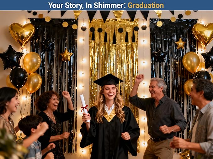 3 Packs Black and Gold Foil Fringe Curtains, Birthday Decorations Backdrop Graduation Tinsel Steamer, Retirement Farewell Engagement Wedding Bridal Shower Party Decorations