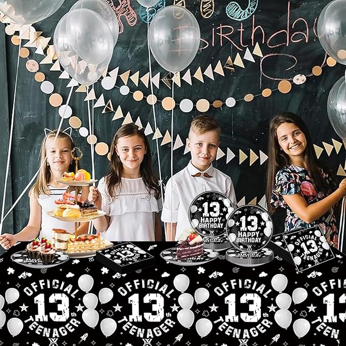 41pcs 13th Party Supplies - 20 Dessert Plates, 20 Napkins, 1 Tablecloth for Black Silver Birthday Party Decoration