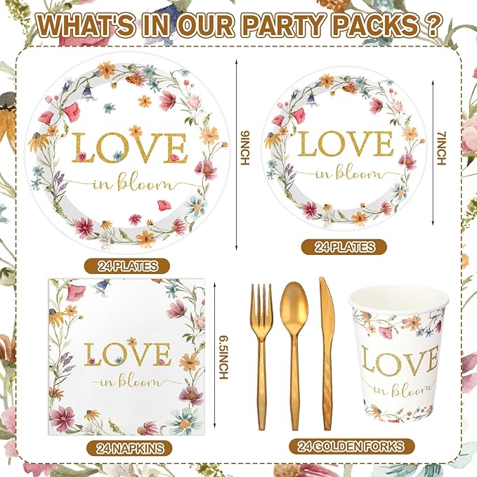 24 Set Love Is in Bloom Wildflower Bridal Shower Decorations Tableware Set Floral 9" 7" Paper Plates Cups Napkins Party Supplies Elegant Dinnerware for Bridal Shower Wedding Birthday Party