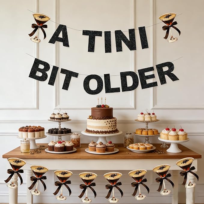 Martini Themed Birthday Party Decorations,Glitter Black A TINI BIT OLDER Banners with Hanging Swirls,for Adults Women Men Birthday Party Decor Supplies