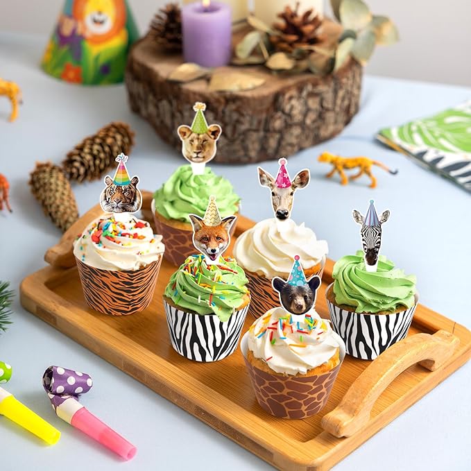 Hxezoc 48 Pack Safari Animals Party Cupcake Toppers and Wrappers, Jungle Animal Cake Decoration for Wild Theme Birthday Parties
