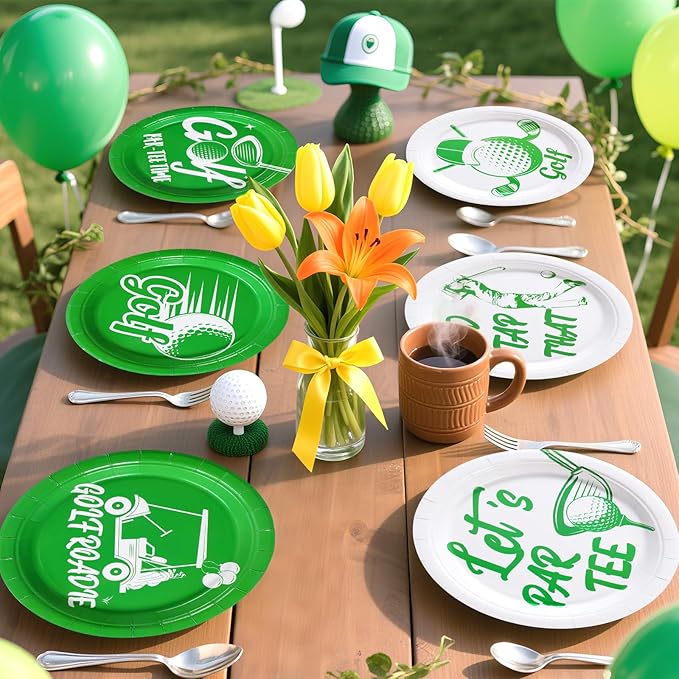 Grencian 60Pcs Golf Party Paper Plates 9" Disposable Heavy Duty White and Green Golf Symbol Dessert Paper Plates Let’s Par-Tee Birthday Tableware Set for Par-Tee Kids Birthday Sports Party Supplies