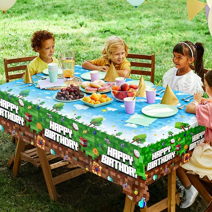 3 Pack Video Game Tablecloth,Plastic Disposable Gaming Theme Tablecloth, Retro Pixel Art Block Design, Vibrant 8-Bit Square Patterns for Kids Birthday Party,54 * 108 inch.