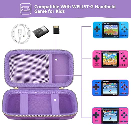 Supmay Carrying Case Compatible with WELLST·G/ for GuaiyeyeAP Handheld Game for Kids -Preloaded 220 Retro Video Games, Portable Gaming Player Storage Holder Travel Bag with Mesh Pocket, Purple(Cube)