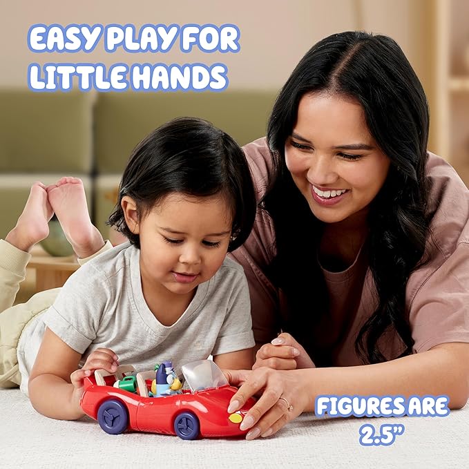 Bluey Escape Convertible Vehicle Figurines Pack of 4, Robust Toddler Toy Car with 9 Accessories and Stickers, Immersive Car Toys for Kids Ages 3+