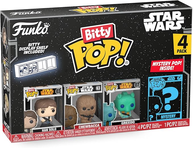Funko Bitty POP! Star Wars - Han Solo, 4-Pack - Han Solo, Chewbacca, Greedo and A Surprise Mystery Mini Figure - 0.9 Inch (2.2 Cm) Collectable - Stackable Display Shelf Included - Gift Idea