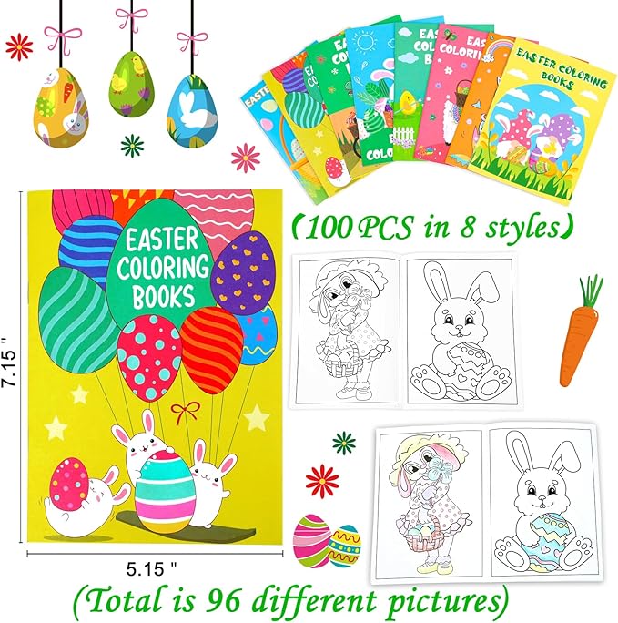 90shine 100PCS Easter Coloring Books for Kids Bulk, Spring Bunny Egg Crafts Basket Goodie Stuffer Bag Stuffers Exchange Gifts Party Favors Holiday Class Activity Supplies Decorations