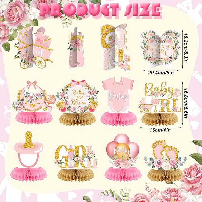 Pickmesh 12 Pieces Pink Gold Girls Baby Shower Decorations Honeycomb Centerpieces Pink Flower Bottles Balloons Carriages Baby Shower Table Decorations Table Topper for Gender Reveal Party Supplies