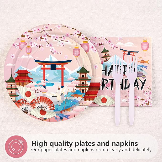 96 Pcs Hibachi Party Decorations Japanese Cherry Blossom Birthday Party Supplies Disposable Pink Hibachi Paper Plates Tableware for Birthday Hibachi Japanese Party Decorations Serves 24