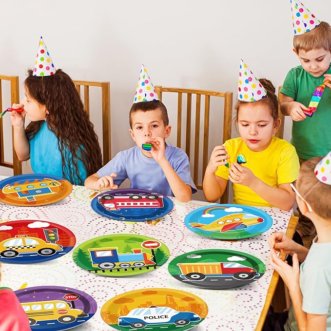 48PCS Transportation Paper Plates Car Birthday Decorations Construction Tableware 7 Inch Train Vehicle Fire Truck Airplane Traffic Dessert Dinnerware for Kids Baby Shower Party Supplies Favors