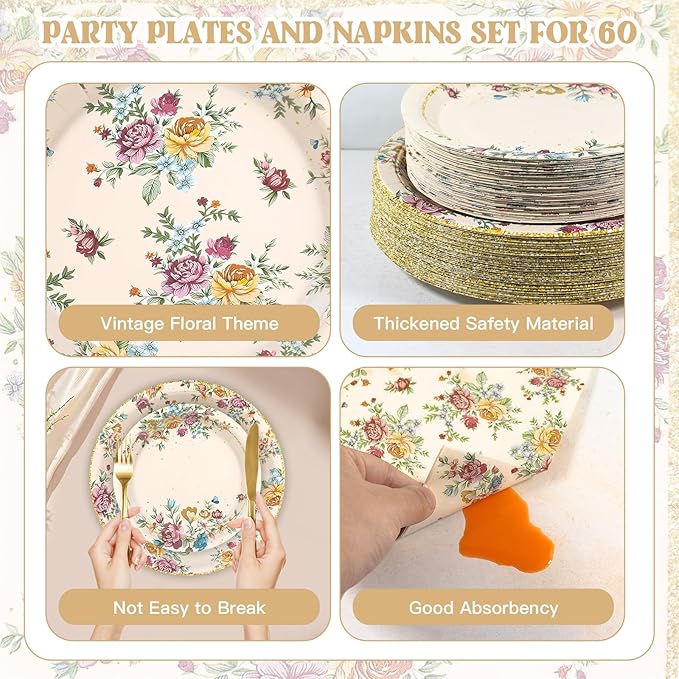 180Pcs Vintage Floral Party Supplies Paper Plates and Napkins Serve 60 Disposable Tableware Set for Birthday Party Decorations Game Day Family Holiday Sports Events