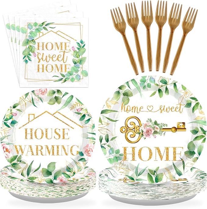 Grencian 96Pcs House Warming Party Decorations Housewarming Plates and Napkins Disposable Green Leaves Pink Floral Home Sweet Home Paper Tableware Set for New House Wedding Party Supplies, Serves 24