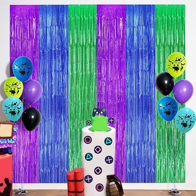 22pcs Video Game Birthday Decorations, Purple Blue Green 3.3x8.2ft Tinsel Foil Fringe Curtains Banners and Multicolour Balloons for Cartoon Gaming Theme Party Decorations Boys and Kids Party Supplies