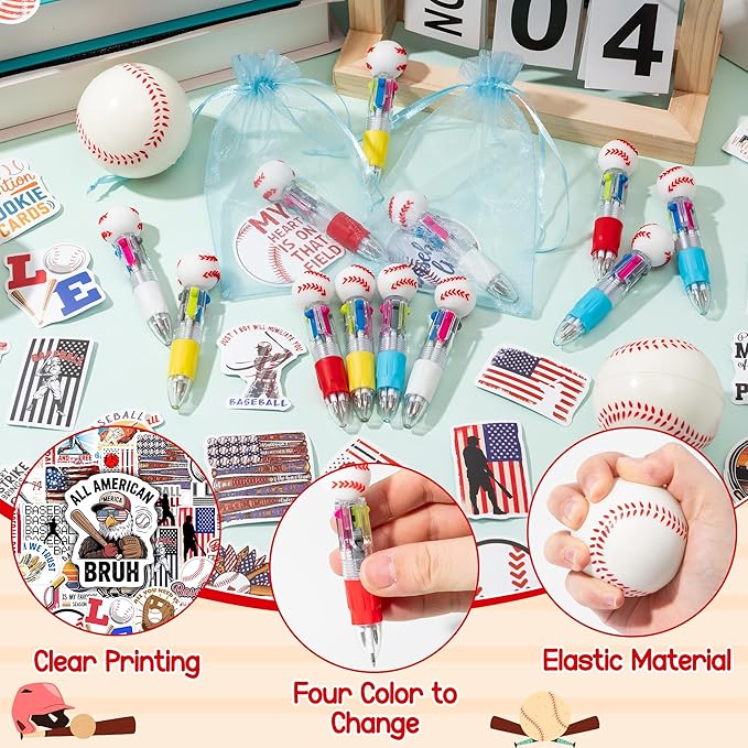 CY2SIDE 12 Pack Baseball Squeeze Toy Party Favor Gift Set with Ballpoint Pen Sticker and Organza Bag 2.5’’ Baseball Foam Stress Ball Classroom Prize for Kid Sport Lover Birthday Goodies Bag Stuffer