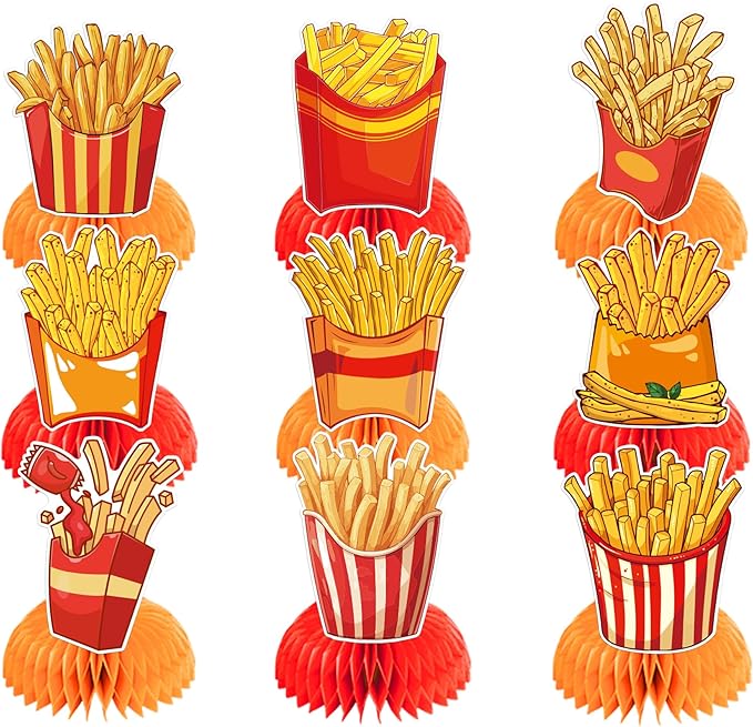 9 PCS French Fries Table Decorations Honeycomb Centerpiece, French Fries Centerpieces Table Topper for Fast Food French Fries Party Decorations Birthday Party Supplies