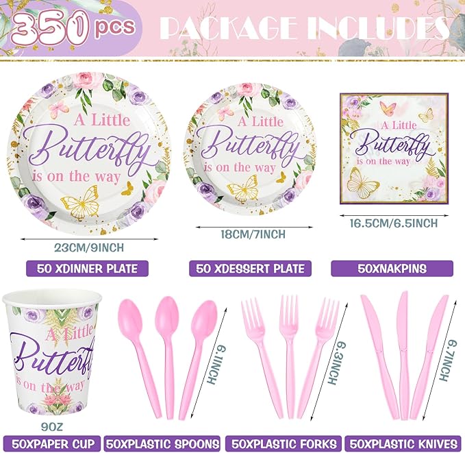 Dandat 350 Pcs Baby Shower Plates Set Baby Shower Party Supplies Serves 50 Tableware Sets Include Plates Napkin Cup Forks Knives Spoons Disposable Dinnerware(Butterfly,Purple)