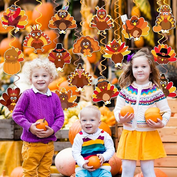 40Pcs Thanksgiving Turkey Hanging Swirl Decorations, Cute Turkey Ceiling Hanging Swirls Streamers for Thanksgiving Party Decor
