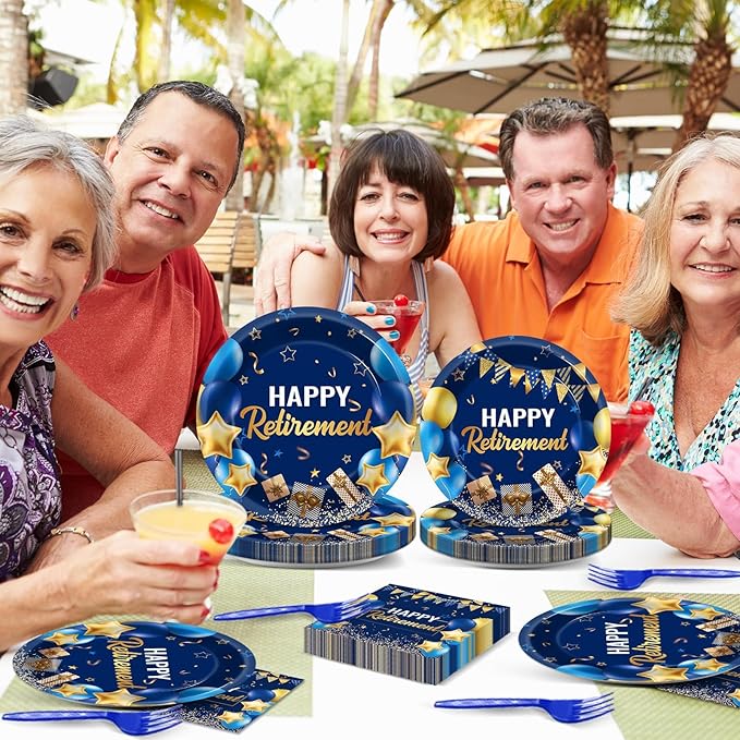 96 Pcs Retirement Party Supplies Paper Plates Napkins Blue Gold Happy Retirement Party Tableware Decorations Favors for Men Women Decor Serves 24