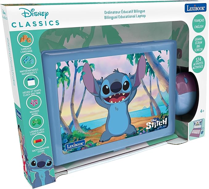 Lexibook, Disney Stitch, Bilingual French/English Educational Computer, Children's Toy with 124 Activities for Learning, Fun and Piano, Blue/Purple, JC598Di1
