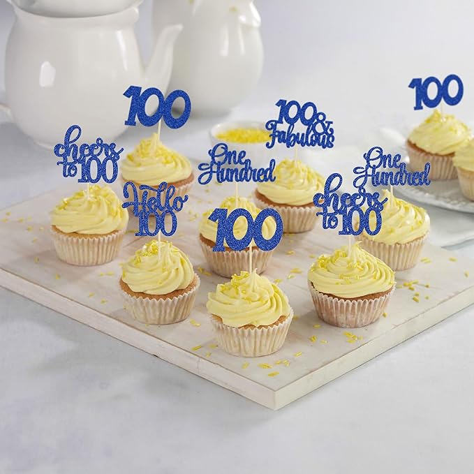 30Pcs Happy 100th Birthday Cupcake Toppers Deep Blue Glitter One Hundred Cheers to 100 Years Old Birthday Cupcake Picks for 100th Wedding Anniversary Party Cake Decorations