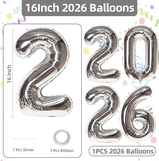 KALOR 16 Inch 2026 Silver Foil Number Balloons, 2026 New Years Decorations for 2026 Happy New Year Eve and Graduations Party Supplies