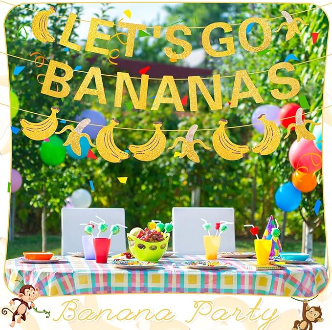 Clabby Pre Strung Banana Birthday Decorations Let's Go Bananas Letter Banner Gold Glitter Fruit Theme Banner for Fruit Birthday Party Baby Shower Supplies