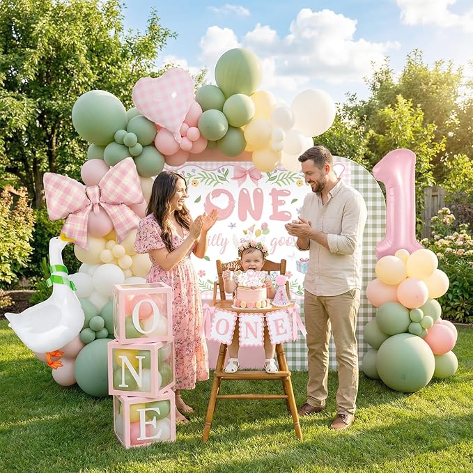 128 pcs One Silly Goose Birthday Decor Girl, Pink 1st Birthday Decorations Girl, Photo Banner Balloons Poster Hat High Chair Banner Cake Topper Boxes Goose Backdrop for Kids Birthday Party Supplies