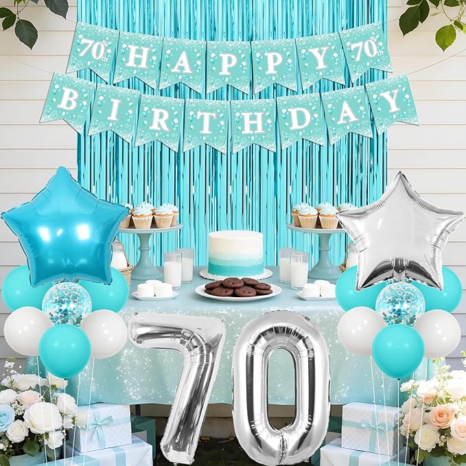 Funmemoir Teal 70th Birthday Decorations for Women, Happy 70th Birthday Party Banner Sash Tiara Balloons Foil Fringe Backdrop and Cake Topper, Teal Blue Theme 70 Years Old Party Supplies