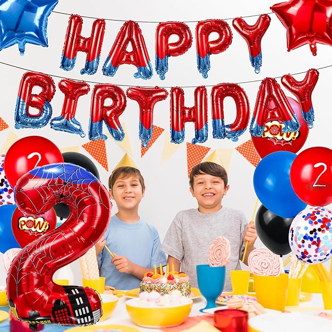 Cartoon Hero 40 Inch Red and Blue Spider Theme Number Foil Birthday Decoration Balloon, Spider Theme Happy Birthday Banner Party Decoration Balloon, Letter Logo Superhero Party Supplies (2)