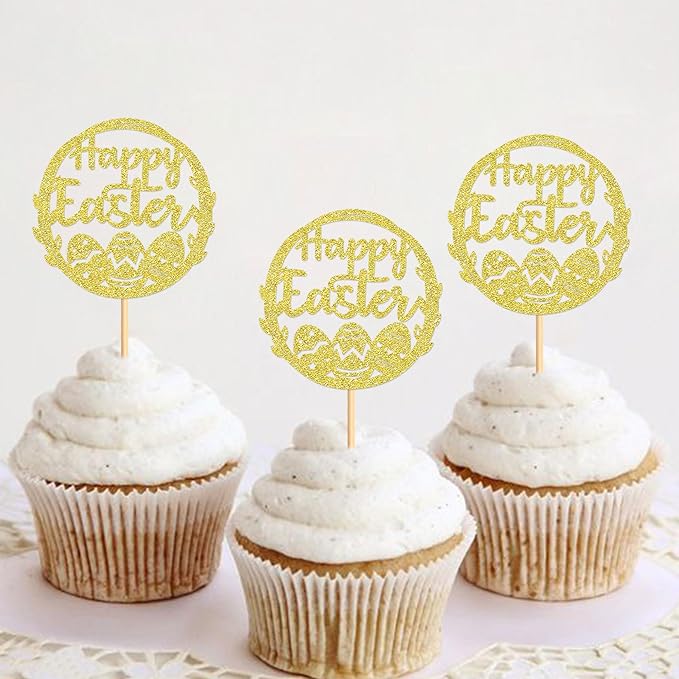 Ercadio 24Pcs Happy Easter Cupcake Toppers Glitter Golden Happy Easter Eggs Cupcake Picks for Easter Day Theme Baby Shower Easter Birthday Wedding Anniversary Party Cupcake Decorations