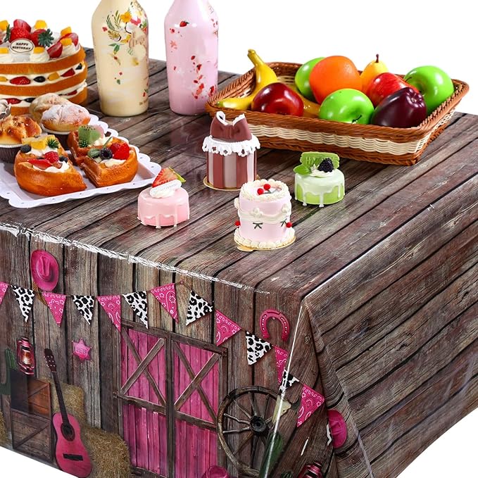 Tiamon 1 Pieces Western Party Tablecloth Cowgirl Table Cover Pink Western Cowgirl Plastic Tablecloth Disposable Wild West Table Cover for Baby Shower Birthday Party Supplies, 54 X108 Inch