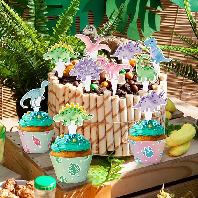 48 Pack Watercolor Dinosaur Cupcake Toppers and Wrappers, Colorful Dinosaur Party Cake Decoration for Dino Theme Birthday Party Baby Shower Supplies